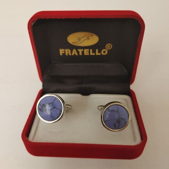 MEN'S FRATELLO ROUND BLUE, BLACK ABSTRACT DESIGN CUFFLINKS. - Picture 1 of 2